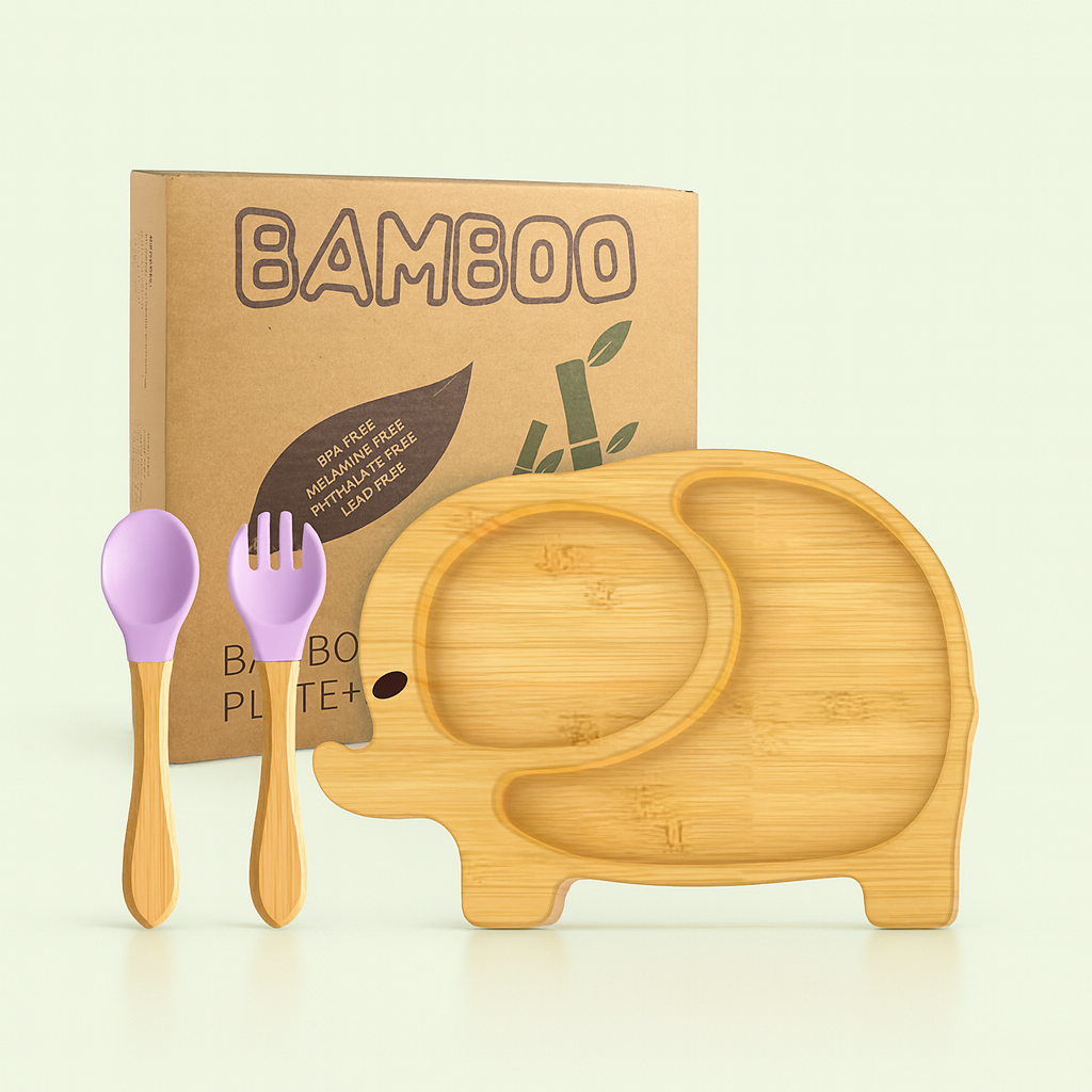 Natural Bamboo & Silicone Baby Suction Plate with Spoon and Fork – Crab, Cloud, Elephant, Car & Dinosaur Shapes