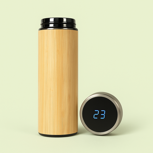 Natural Bamboo, BPA-Free, Vacuum-Sealed Insulated, Hot-Cold Water Bottle with Touch Temperature Display Lid – 500ml