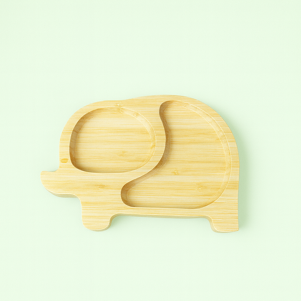 Natural Bamboo & Silicone Baby Suction Plate with Spoon and Fork  – Crab, Cloud, Elephant, Car & Dinosaur Shapes