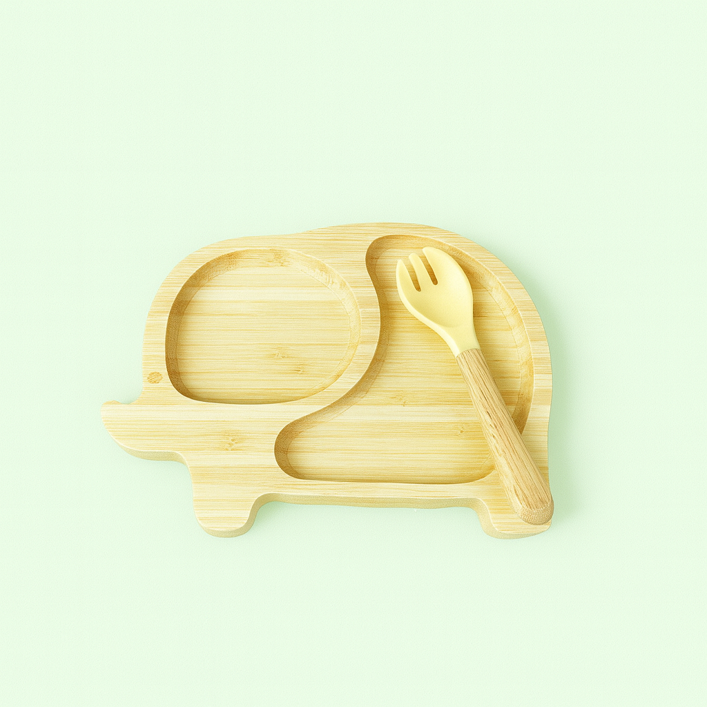 Natural Bamboo & Silicone Baby Suction Plate with Spoon and Fork  – Crab, Cloud, Elephant, Car & Dinosaur Shapes