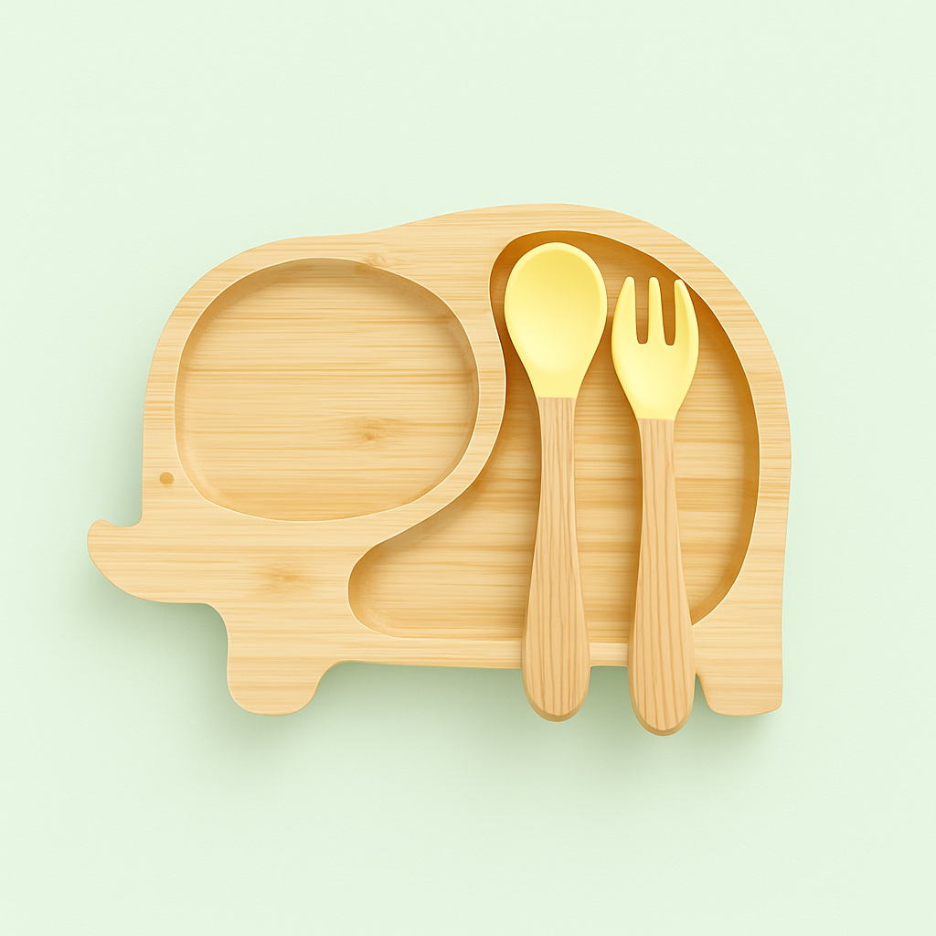 Natural Bamboo & Silicone Baby Suction Plate with Spoon and Fork  – Crab, Cloud, Elephant, Car & Dinosaur Shapes