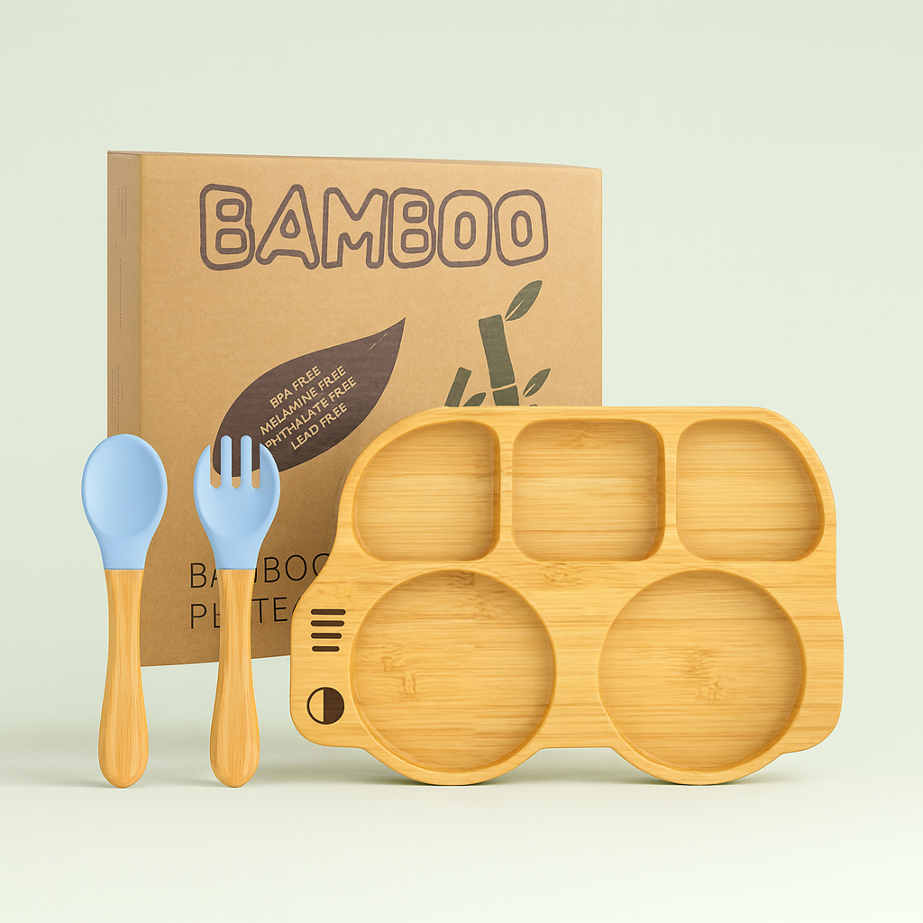 Natural Bamboo & Silicone Baby Suction Plate with Spoon and Fork  – Crab, Cloud, Elephant, Car & Dinosaur Shapes