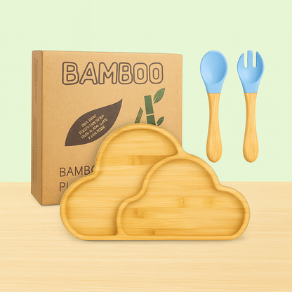 Natural Bamboo & Silicone Baby Suction Plate with Spoon and Fork  – Crab, Cloud, Elephant, Car & Dinosaur Shapes