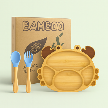 Natural Bamboo & Silicone Baby Suction Plate with Spoon and Fork  – Crab, Cloud, Elephant, Car & Dinosaur Shapes
