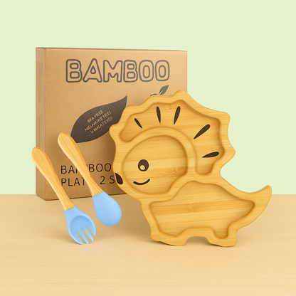 Natural Bamboo & Silicone Baby Suction Plate with Spoon and Fork  – Crab, Cloud, Elephant, Car & Dinosaur Shapes