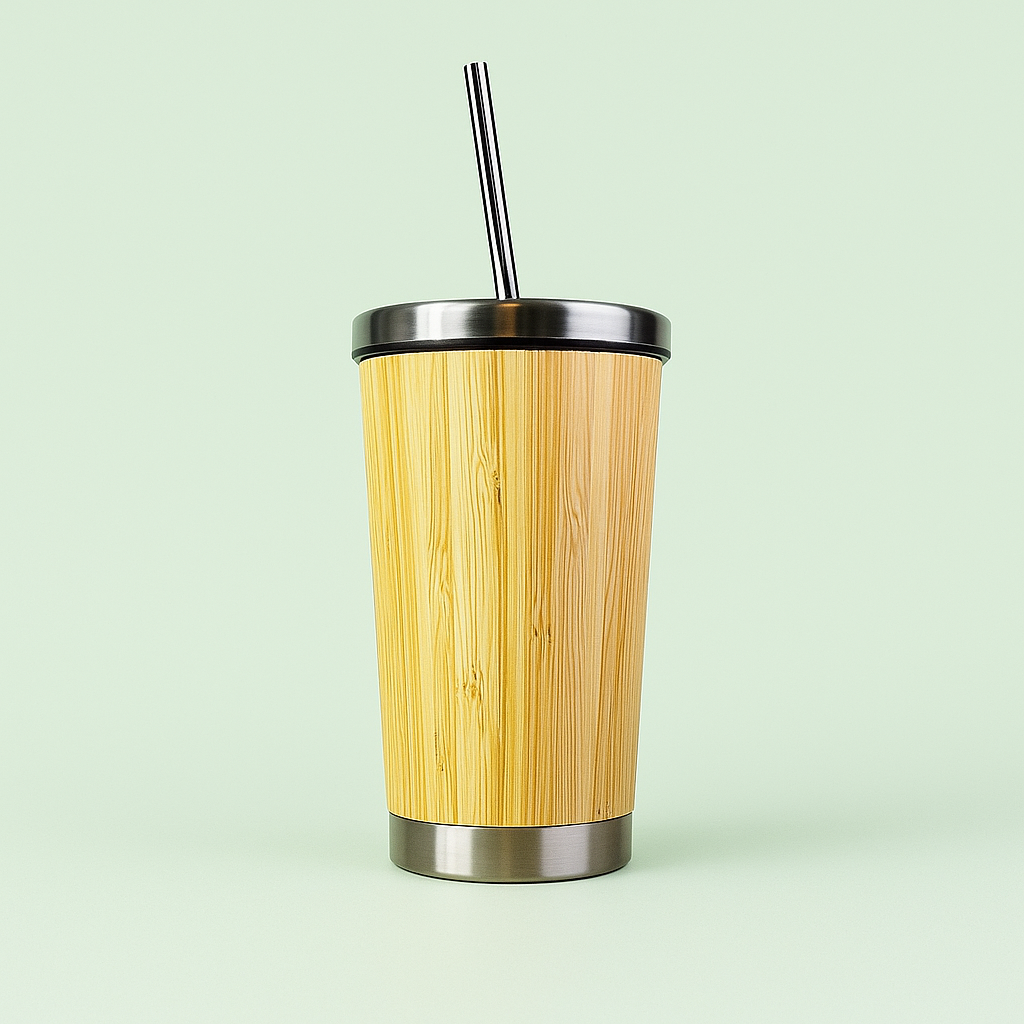 Portable Bamboo Insulated Thermos with Straw – 450ml