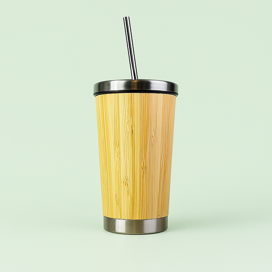 Portable Bamboo Insulated Thermos with Straw – 450ml