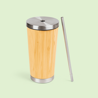 Portable Bamboo Insulated Thermos with Straw – 450ml