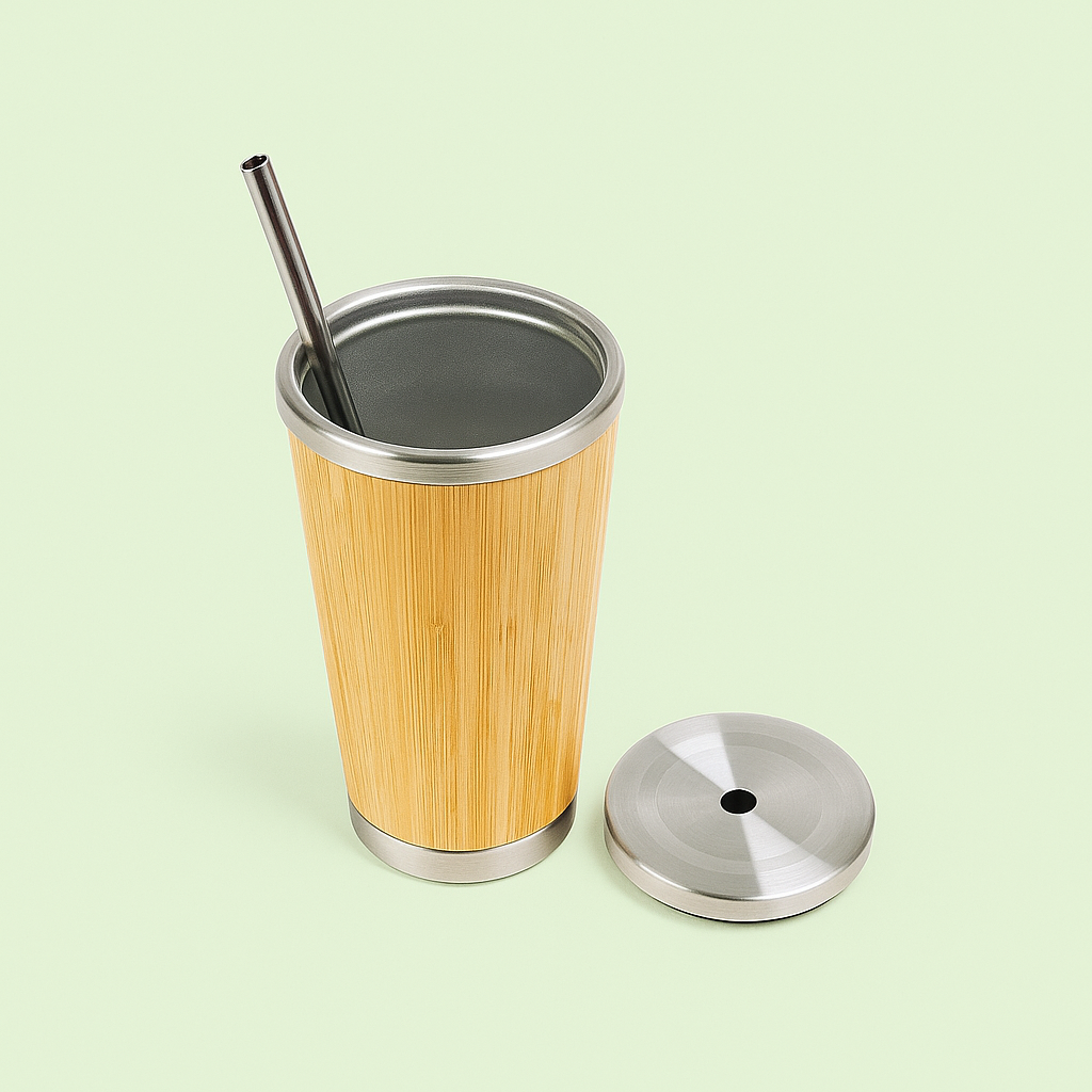 Portable Bamboo Insulated Thermos with Straw – 450ml