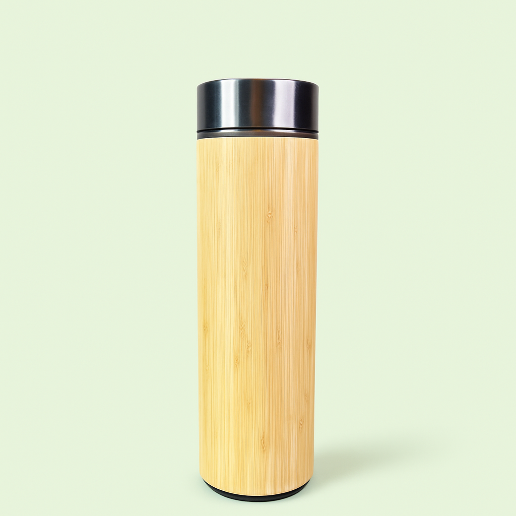 Natural Bamboo, BPA-Free, Vacuum-Sealed Insulated, Hot-Cold Water Bottle with Touch Temperature Display Lid – 500ml