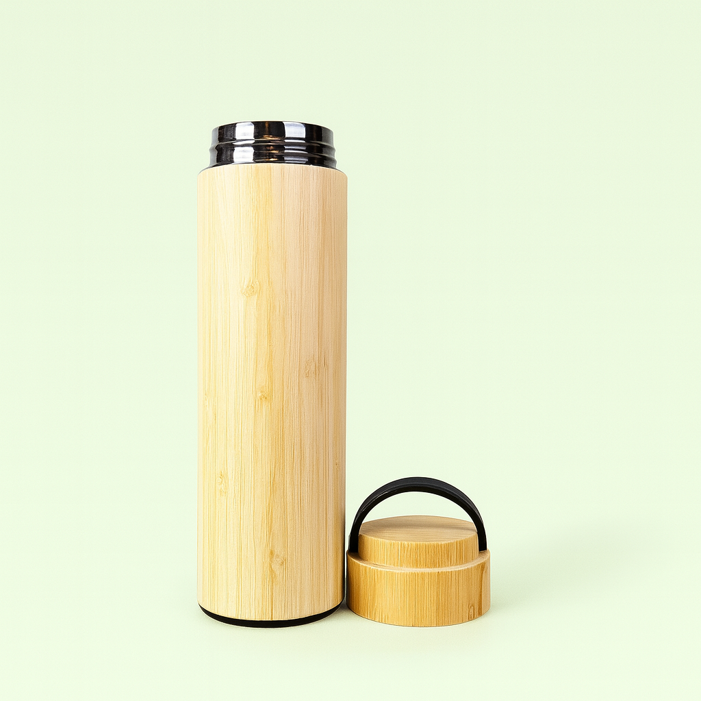 Eco-Friendly Bamboo & Stainless Steel Insulated Bottle – BPA-Free Vacuum Thermos with Tea Infuser