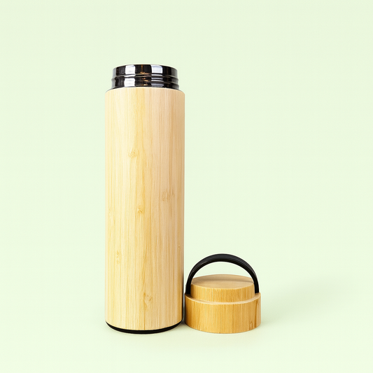 Eco-Friendly Bamboo & Stainless Steel Insulated Bottle – BPA-Free Vacuum Thermos with Tea Infuser