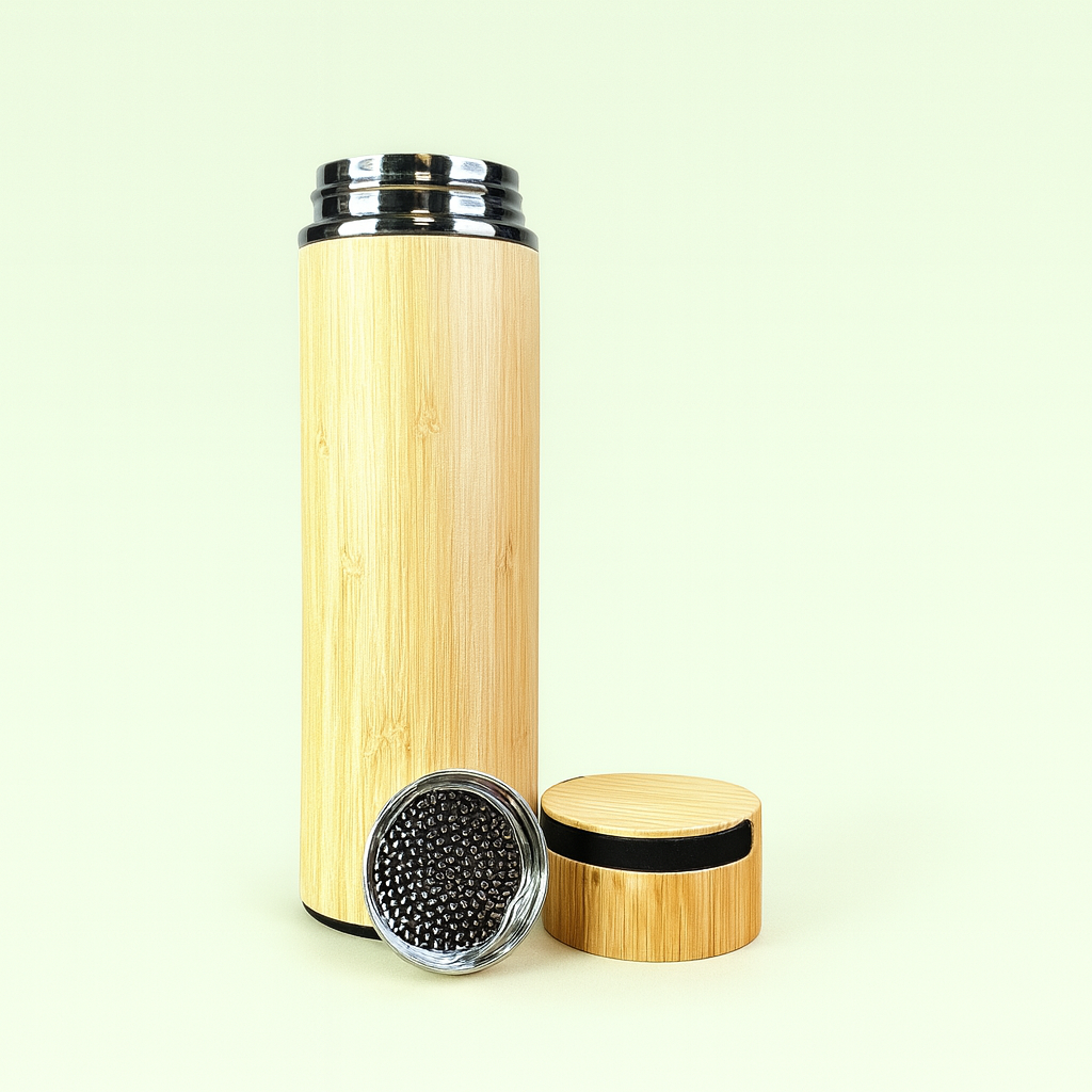 Eco-Friendly Bamboo & Stainless Steel Insulated Bottle – BPA-Free Vacuum Thermos with Tea Infuser