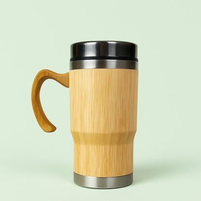 Natural Bamboo, Stainless Steel, 450ml Insulated Mug with Handle, Eco-Friendly Travel Coffee Cup