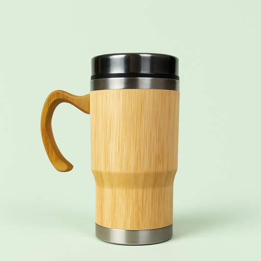 Natural Bamboo, Stainless Steel, 450ml Insulated Mug with Handle, Eco-Friendly Travel Coffee Cup