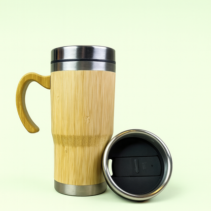 Natural Bamboo, Stainless Steel, 450ml Insulated Mug with Handle, Eco-Friendly Travel Coffee Cup