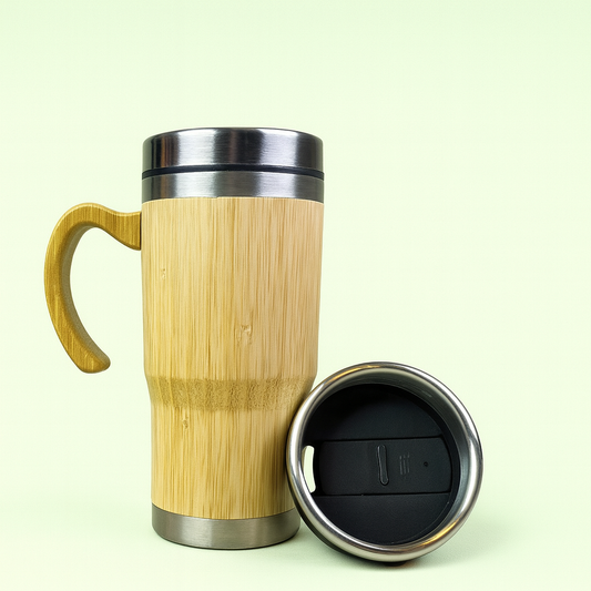 Natural Bamboo, Stainless Steel, 450ml Insulated Mug with Handle, Eco-Friendly Travel Coffee Cup