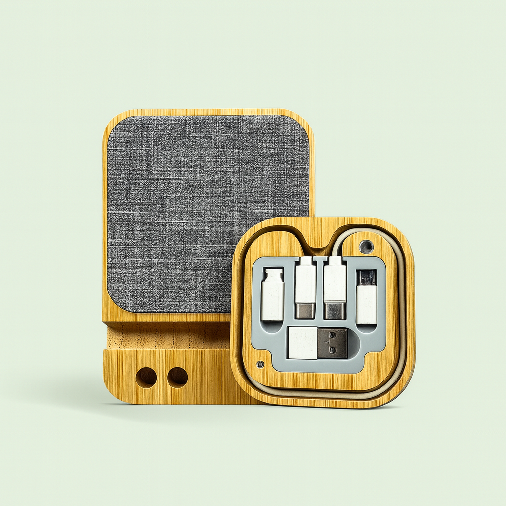 Multifunctional Bamboo Wireless Charger & Desk Organizer
